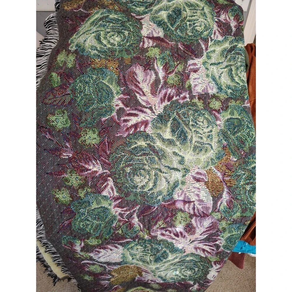 Vintage Large Floral Design Fringed Woven Citton Tapestry Throw Blanket 49x54